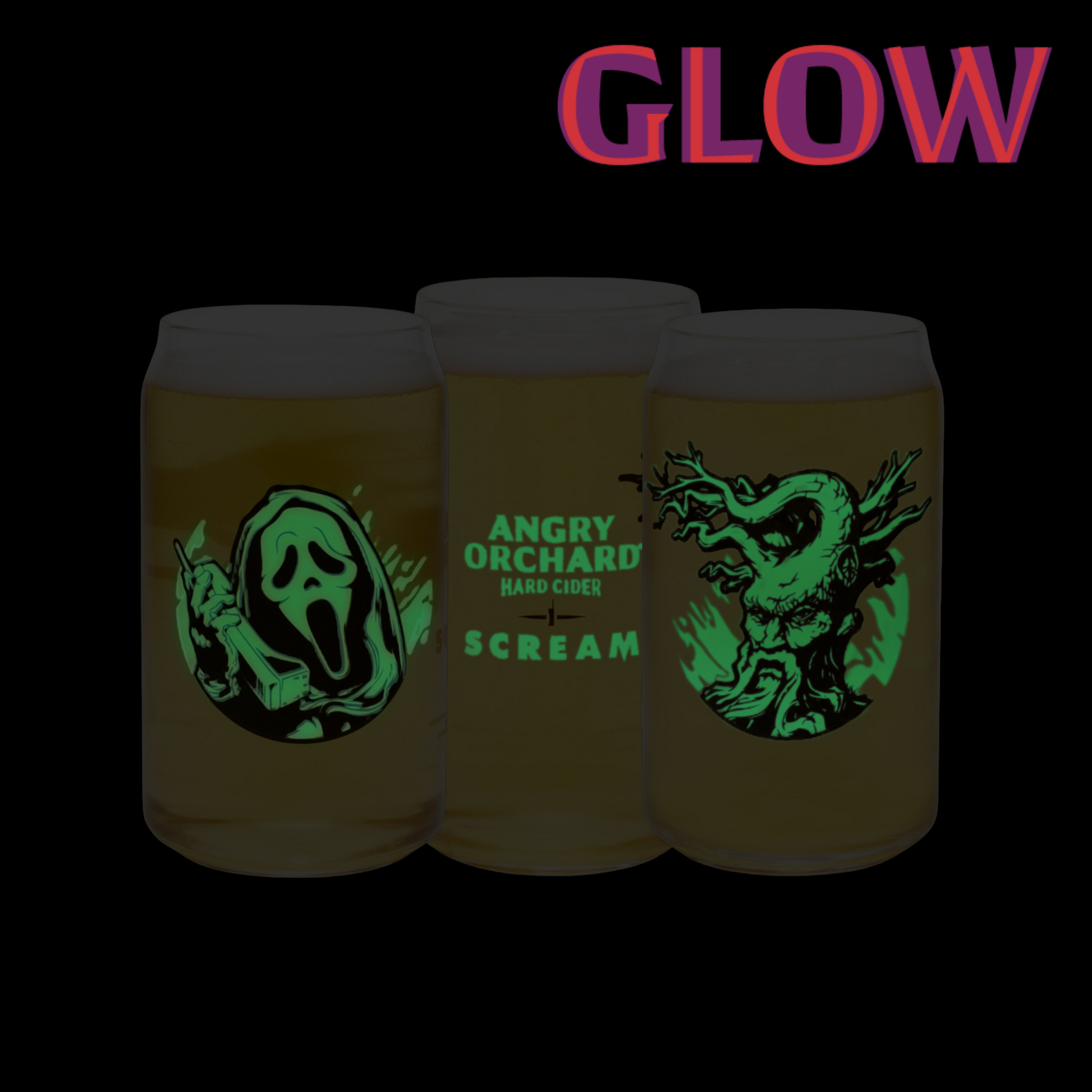 Three glow-in-the-dark beer cans on a black background under the word 'GLOW' in pink-purple text. The cans show green graphic designs: a Ghostface silhouette on the left, 'ANGRY ORCHARD HARD CIDER SCREAM' in the center, and a monster on the right.