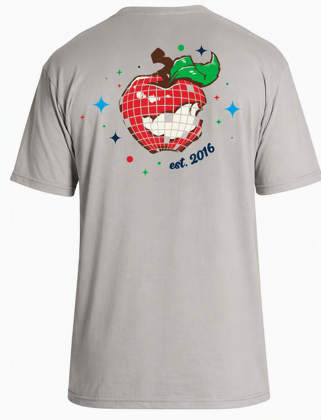 Grey short sleeve tee shirt over white background wiht a disco ball artwork in the shape of an apple.  Says 'est. 2016' underneath.