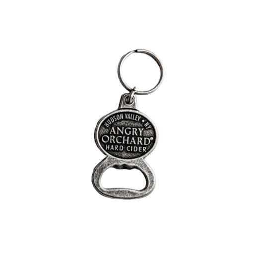 This keychain opener has the writing "Hudson Valley, NY" at top and below it says, "Angry Orchard Hard Cider".