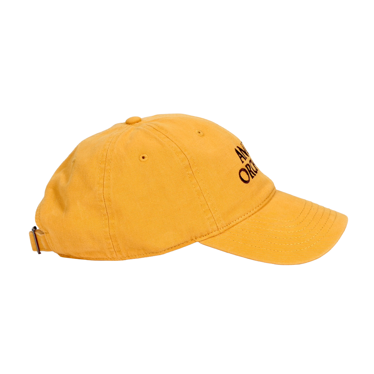 Side view of  Mustard yellow Richardson Truck Dad hat with an Angry Orchard logo in brown embroidered text
