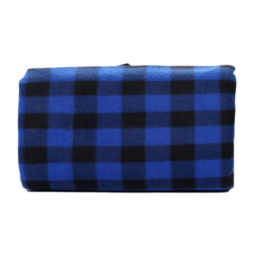 This blue plaid blanket has an area that holds the Velcro to close the blanket up has the writing "Hudson Valley, NY" and under it "Angry Orchard Hard Cider". 