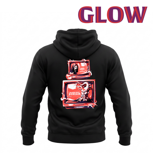 A black pullover hoodie shown from the back, featuring a large red and white graphic print on the back with two stylized cartoon monitor-like illustrations. The word 'GLOW' appears in large red and purple letters at the top of the image on a plain white background.