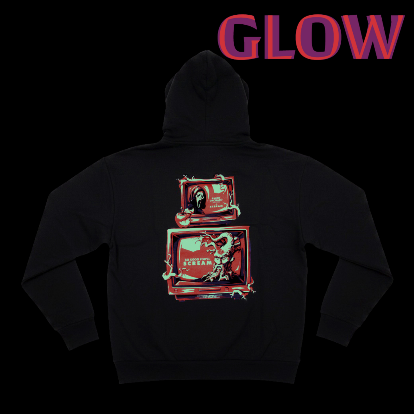A black hoodie shown from the back on a black background, featuring a red and white graphic print of two nested television monitors with a ghost-like figure and the word 'SCARY'. The word 'GLOW' is printed in large pink and purple letters at the top right.