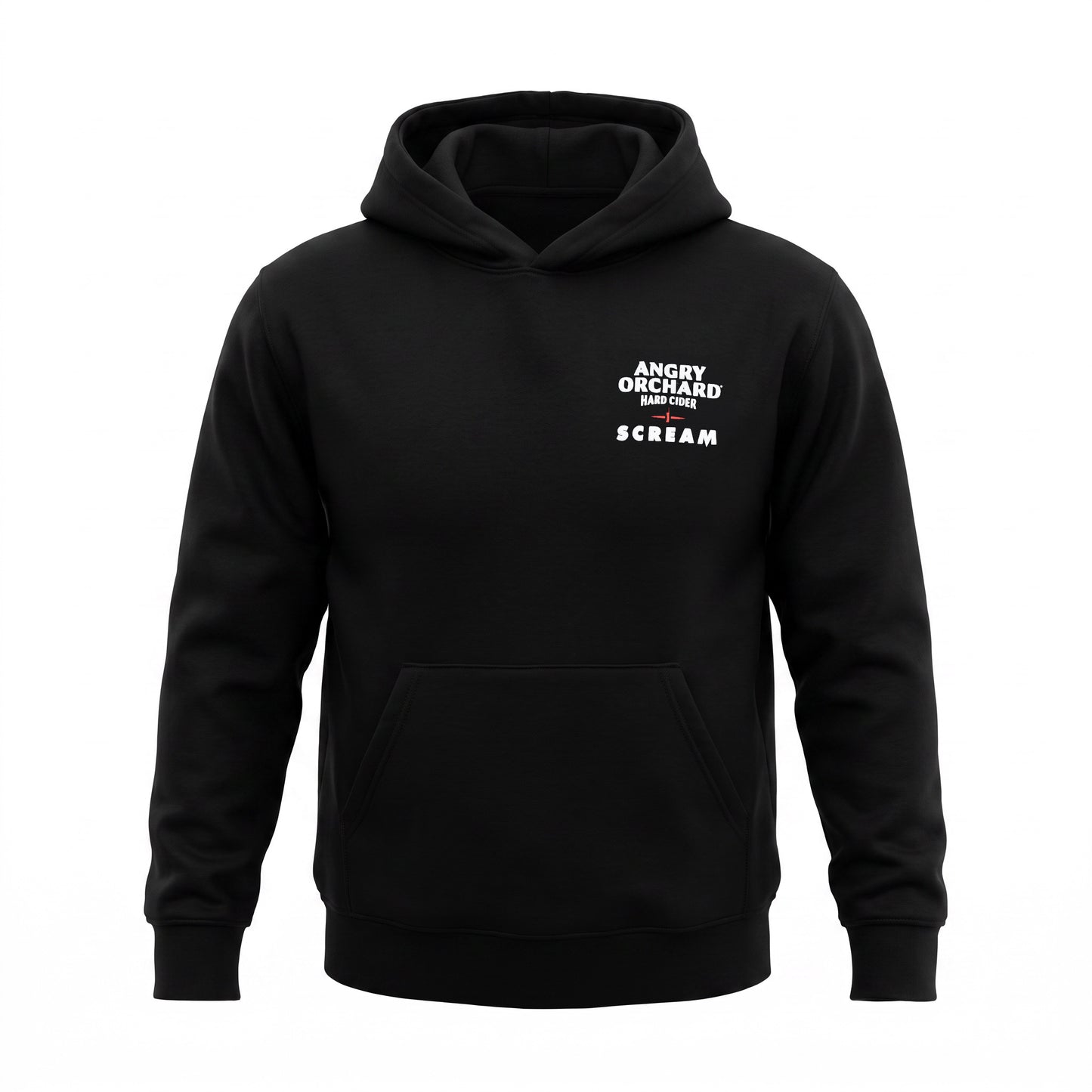 A black pullover hoodie with a white printed graphic on the left chest reading 'ANGRY ORCHID HARD CIDER SCREAM', shown on a plain white background.