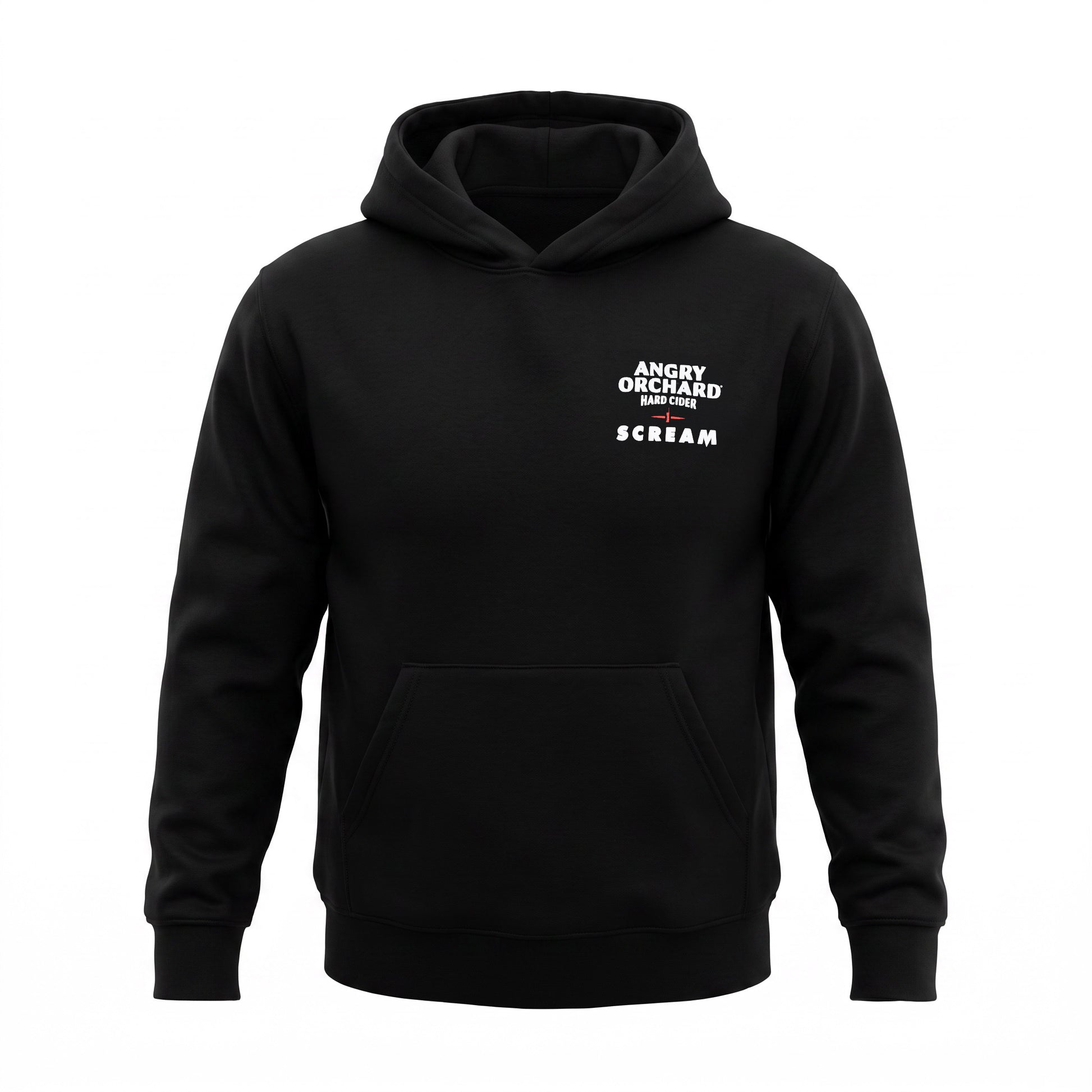 A black pullover hoodie with a white printed graphic on the left chest reading 'ANGRY ORCHID HARD CIDER SCREAM', shown on a plain white background.
