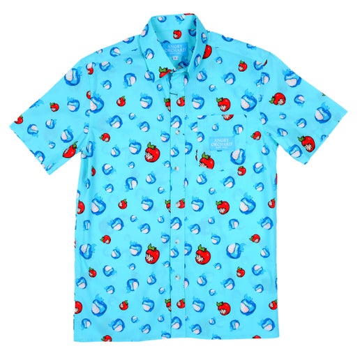 This turquoise button up is covered in the iconic Angry Orchard bitten apples in red and blue. It has a pocket on the left side of the chest which has a blue patch on it that says, "Angry Orchard Hard Cider".