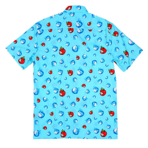 This turquoise button up is covered in the iconic Angry Orchard bitten apples in red and blue. 