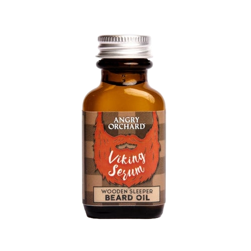 This image shows the front of the beard oil label which has imagery of a red beard with writing "Viking Serum" on it. 