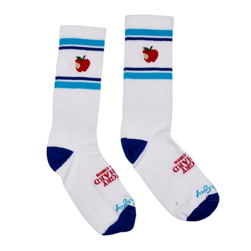 White Retro Apple Socks with light and dark blue stripes and an angry orchard apple logo. The toes and heels of the sock are dark blue. On the laces of the foot in apple red text reads "angry orchard, hard cider"