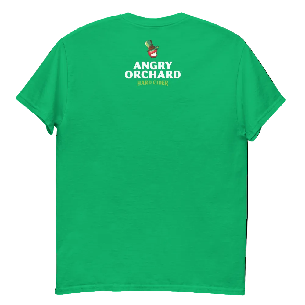Backside of Kiss Me I'm Angry short sleeve tee shirt in Shamrock Green, featuring an angry orchard hard cider logo on the top center of the back. Logo shows a red angry orchard apple with a shamrock-colored top hat. Beneath is "Angry Orchard" in white text, followed by "Hard Cider" in lime green text.