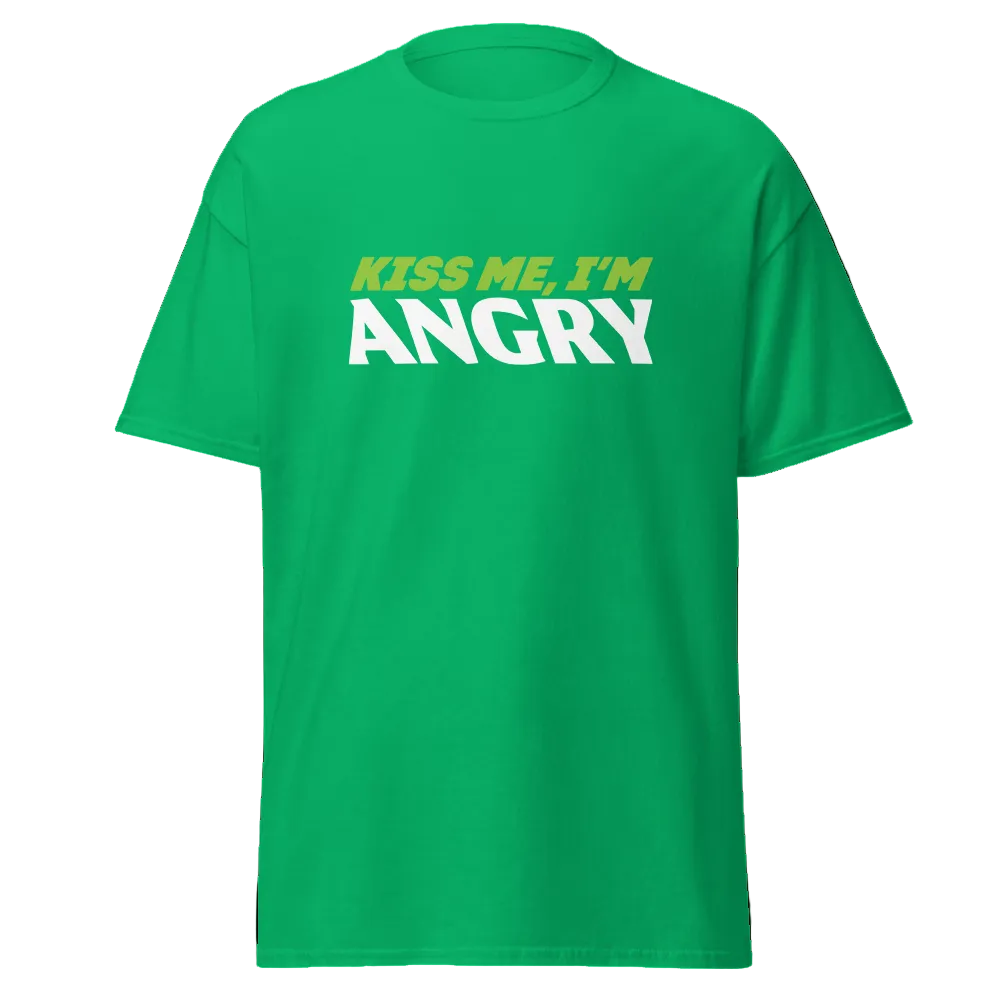 Kiss Me, I'm Angry short sleeve tee in Shamrock Green. First line of text reads "Kiss me I'm" in lime green. Bottom line reads "ANGRY" in larger white text. The logo is on the front and centered on the shirt.