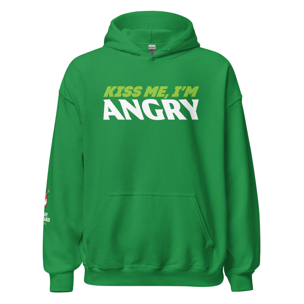 Kiss Me, I'm Angry hoodie in Shamrock Green. First line of text reads "Kiss me I'm" in lime green. Bottom line reads "ANGRY" in larger white text. The logo is on the front and centered on the hoodie.