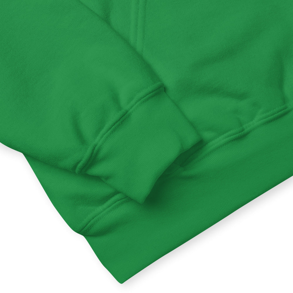 Close up of sleeves on Angry Orchard Kiss Me, I'm Angry Hoodie in Shamrock green. 